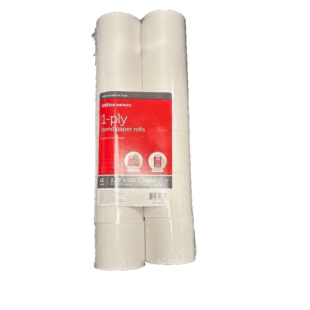 Office Depot Brand‎ 1-Ply Paper Rolls, 2 1/4" x 130', Bright White, 12-Pack NEW